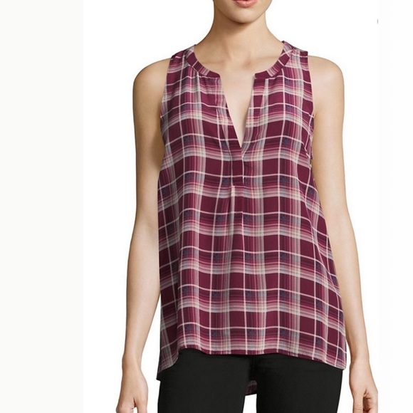 Joie Aruna Silk Sleeveless V-Neck Top Maroon Plaid Size Medium - Picture 1 of 8